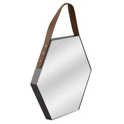 Hanging Hexagon Mirror With Faux Leather Strap, 14x18