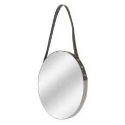 Hanging Round Wall Mirror With Leather Strap, 20"