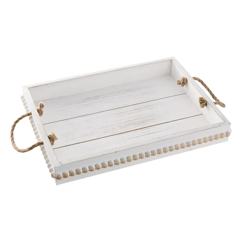 White Faux Wood Decorative Tray With Rope Handles, 16x13 1 White Faux Wood Decorative Tray With Rope Handles, 16x13