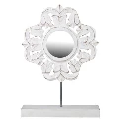 Whitewashed Carved Art With Mirror, 13"